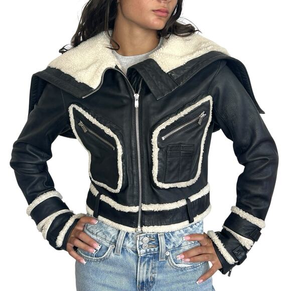 Jonny Cota Moto Y2k Rocker Leather Cropped Jacket Womens Medium Sherpa Biker‎ - Picture 1 of 13